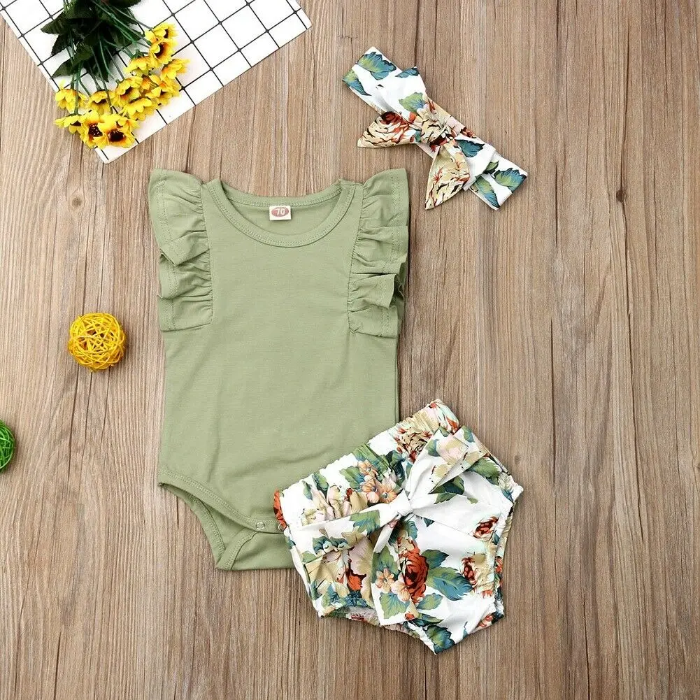 UK Newborn Baby Girls Clothes Ruffle Sleeve Romper Floral Shorts Holiday Outfit Set 2pcs |