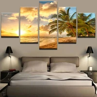 modern wall art pictures home decoration posters 5 panel palm trees sea sunset landscape frame living room hd printed painting