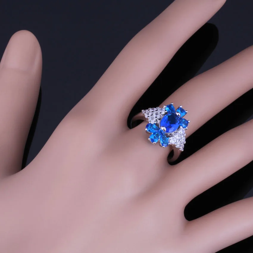 Majestic Plant синий кубический цирконий Белый CZ Кольцо из стерлингового серебра 925 для