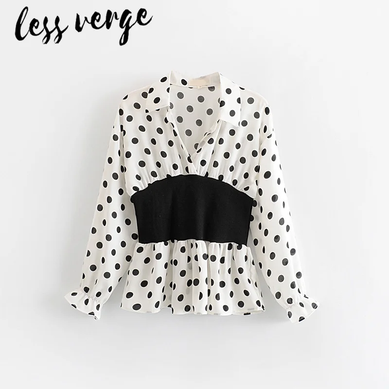 Lessverge/черная шифоновая блузка в белый горошек рубашка для женщин с рюшами и