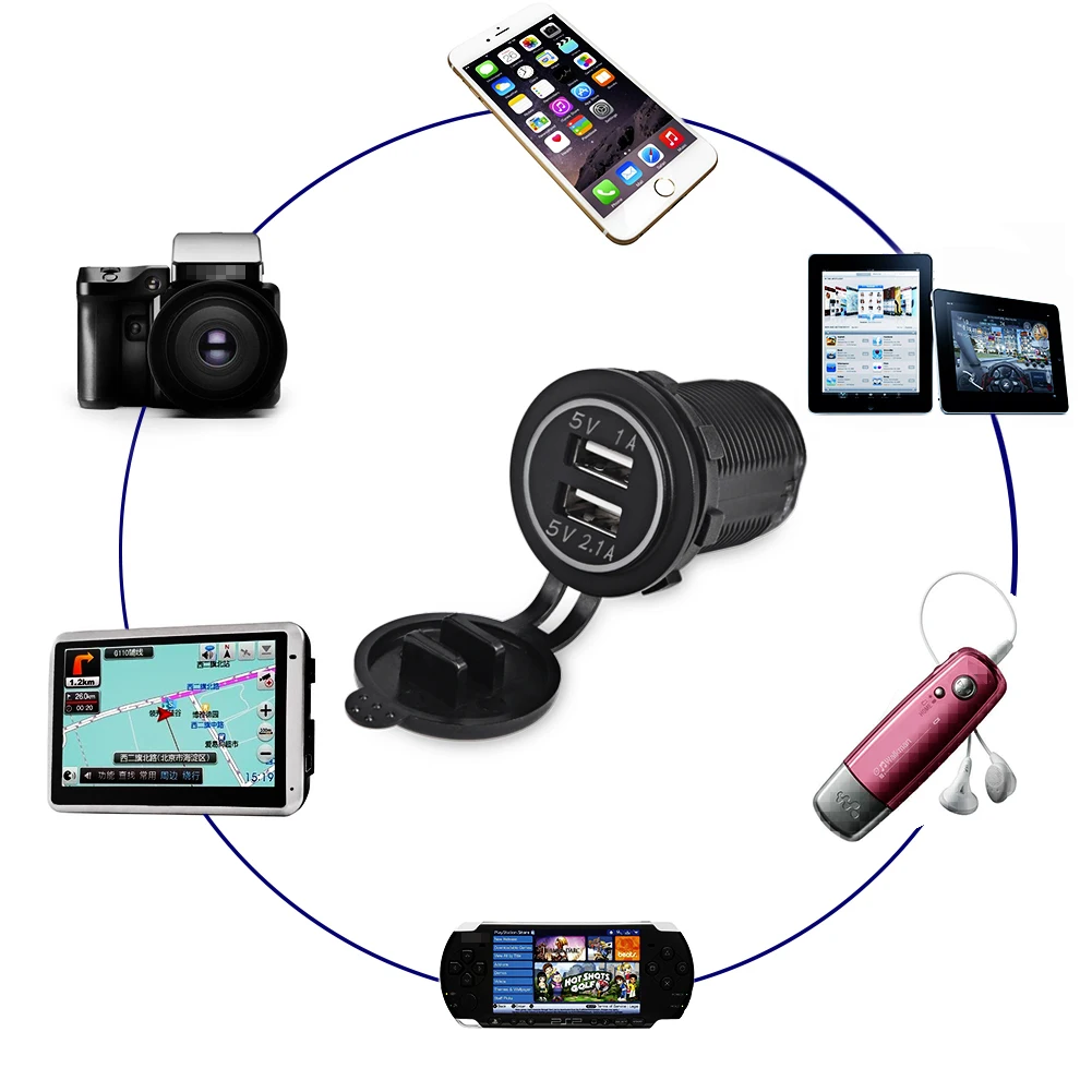 USB розетка для автомобиля, мотоцикла, авто, грузовик, лодка, светодиодная зарядная розетка, автомобильное зарядное устройство 2.1A/1A, двойная USB розетка 12 V-24 V