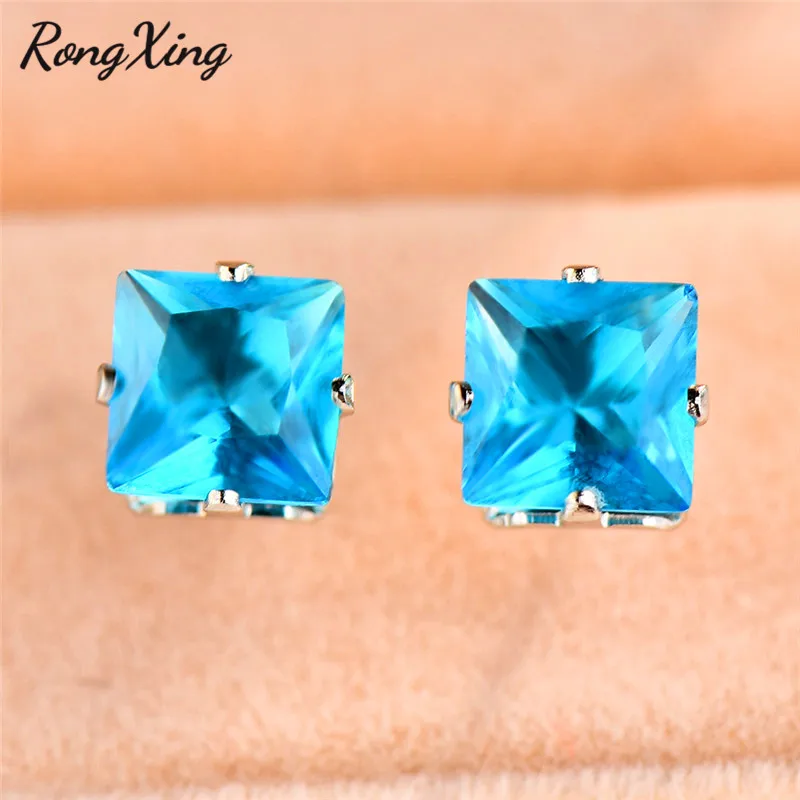 Aqua Blue RongXing, очаровательные разноцветные циркониевые квадратные серьги-гвоздики для женщин, 925 серебро, заполненная серьга с камнем-талисманом, женские модные ювелирные изделия - Окраска металла: Aqua Blue