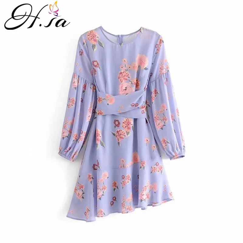 Женское мини платье с поясом H.SA фиолетовое праздничное миди длинным рукавом и