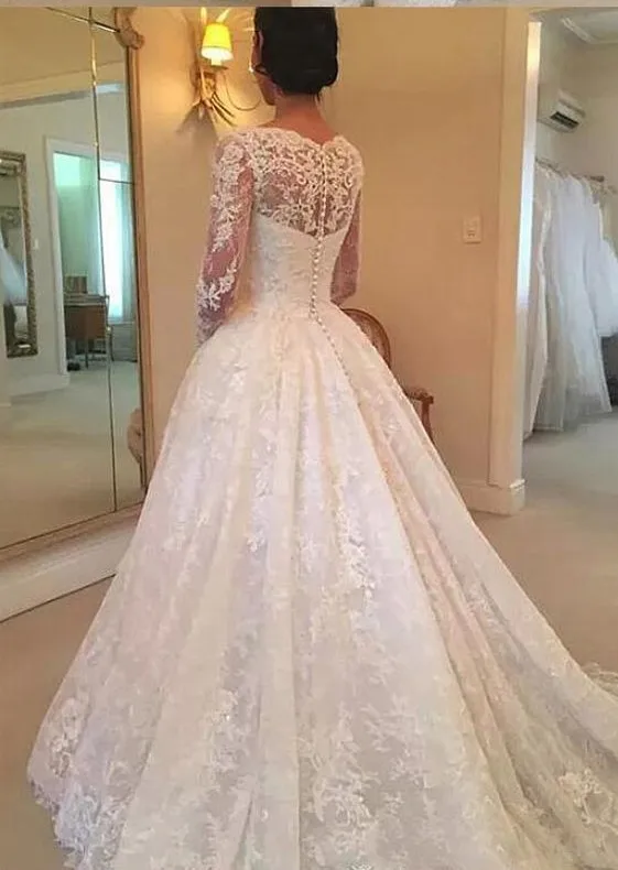 Beautiful Cheap long sleeves White Ivory Lace champagne tulle A li'ne Wedding Dresses Bridal Gowns vestido de noiva 2019 | Свадьбы и