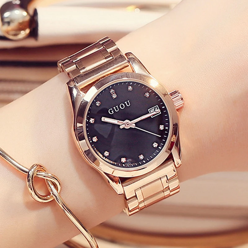 Женские Часы GUOU модные женские часы браслет из розового золота с календарем со