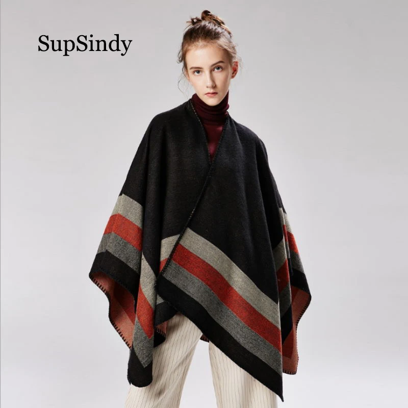 

SupSindy women's poncho Winter scarf women capes Striped shawl wrap luxury pashmina warm scarves for women cloak vintage stole