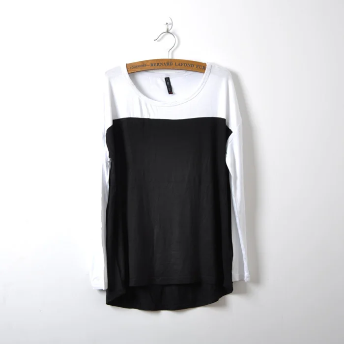 2014 spring European style loose cotton shirt big yards down a different color stitching Ms. female long-sleeved T | Женская одежда