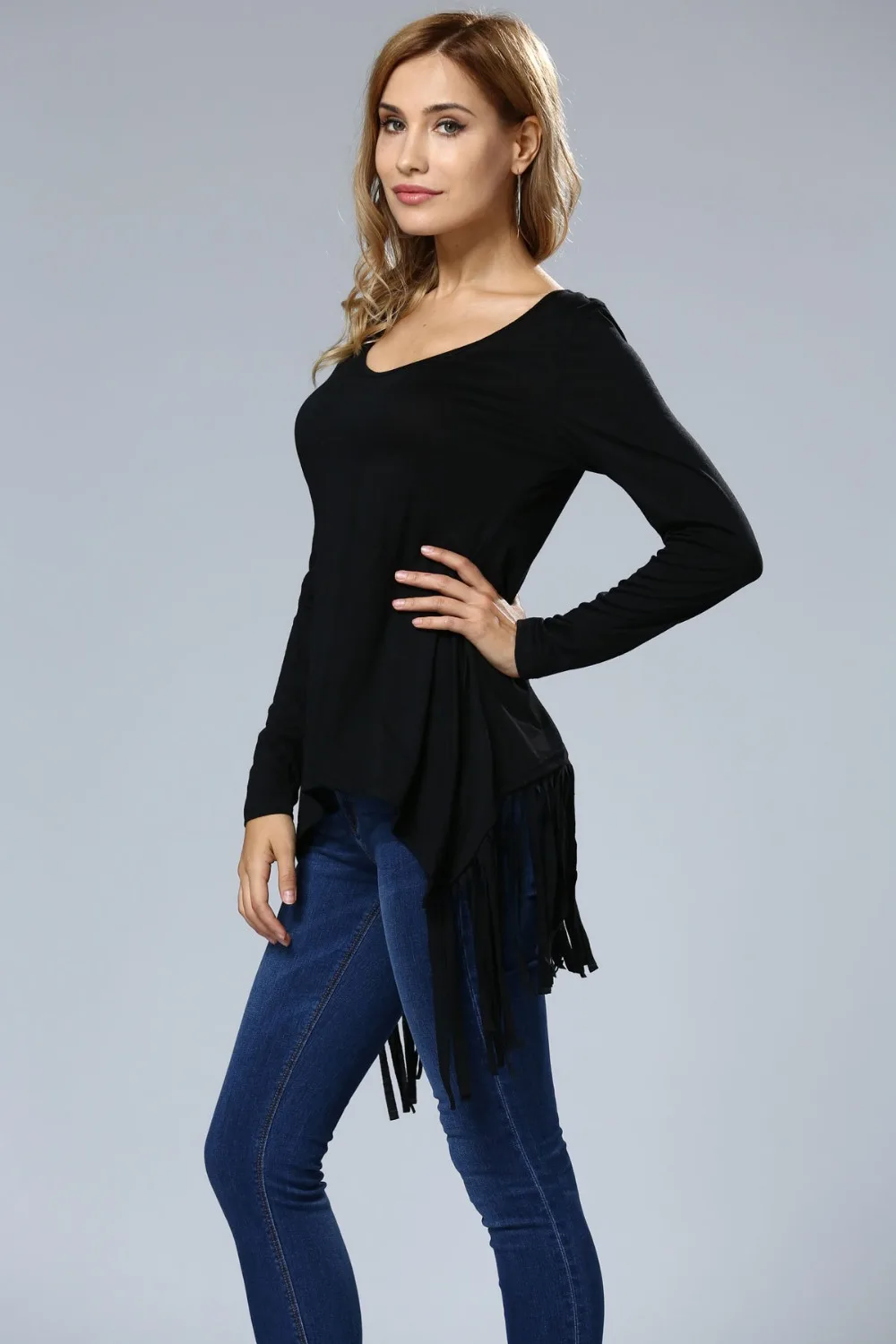 Free Shipping Black Casual Deep V-Neck Fringe Plain Long Sleeve T-Shirt For Women 3SZ60011 | Женская одежда