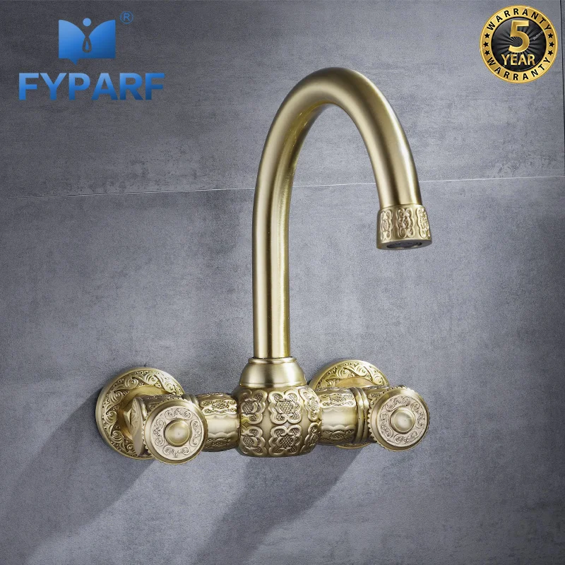 

FYPARF Wall Mounted Bath Basin Mixer Gold Faucets Bathroom Sink Faucets Bathroom Fixtures in Brass Hot Cold Tap Waterfall 2 Hole