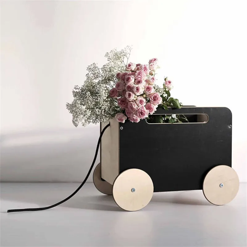 Black storage cart Реквизит для фотосъемки Recien Nacido INS в скандинавском стиле детская комната игрушка деревянная корзина ручной ролик кукла тележка для маленьких девочек реквизит для фотосъемки - Цвет: Black storage cart