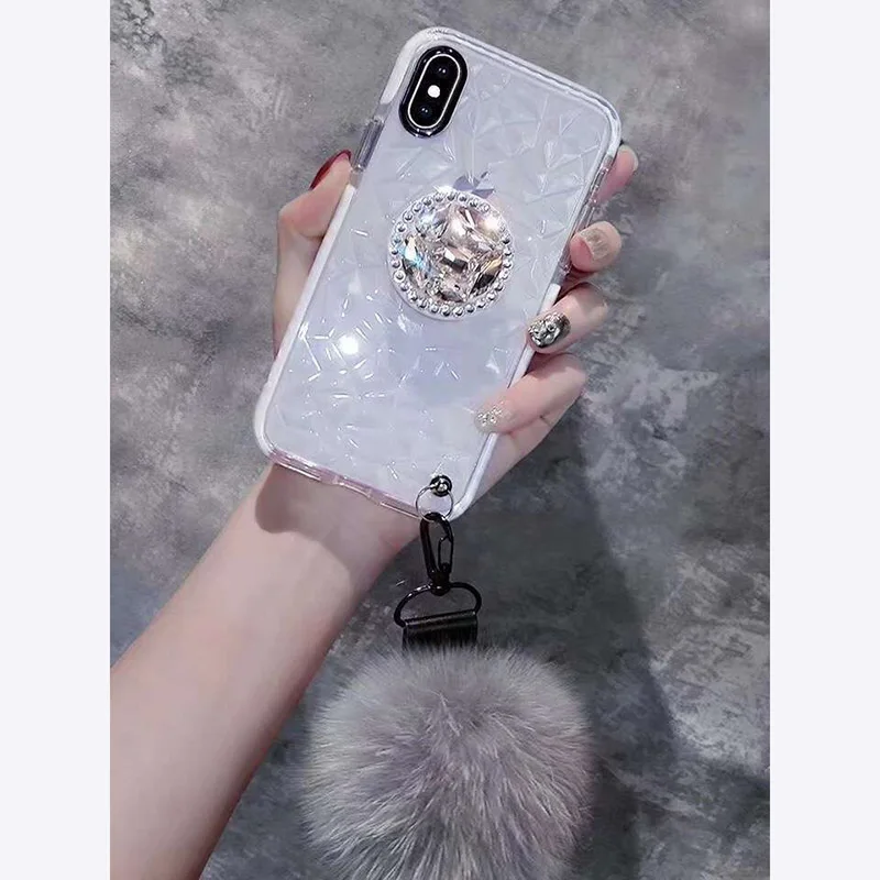 Чехол для iPhone X S MAX 8 7 Plus 6 6s plus DIY меховой шар с ремешком Хрустальный кронштейн