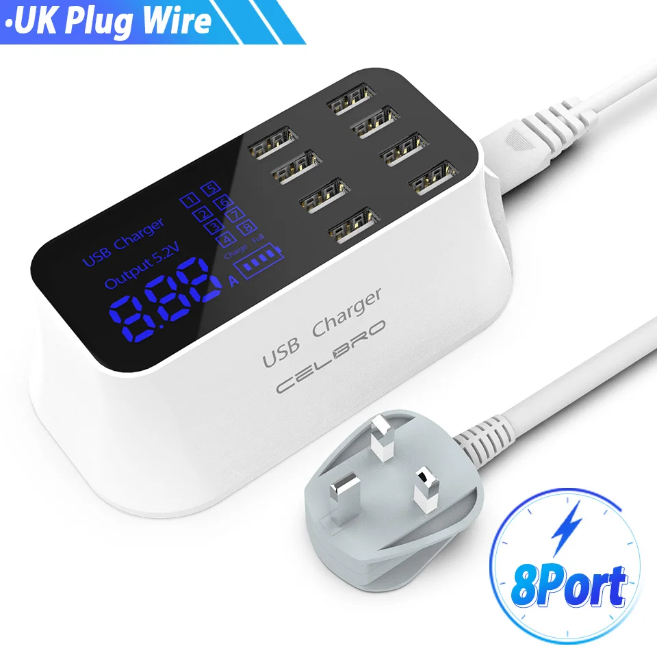 UK Plug 8 портов настенный usb-хаб зарядное устройство адаптер 8A несколько USB зарядное устройство для мобильного телефона светодиодный настольный usb зарядная станция база EU US UK Plug - Тип штекера: UK Plug