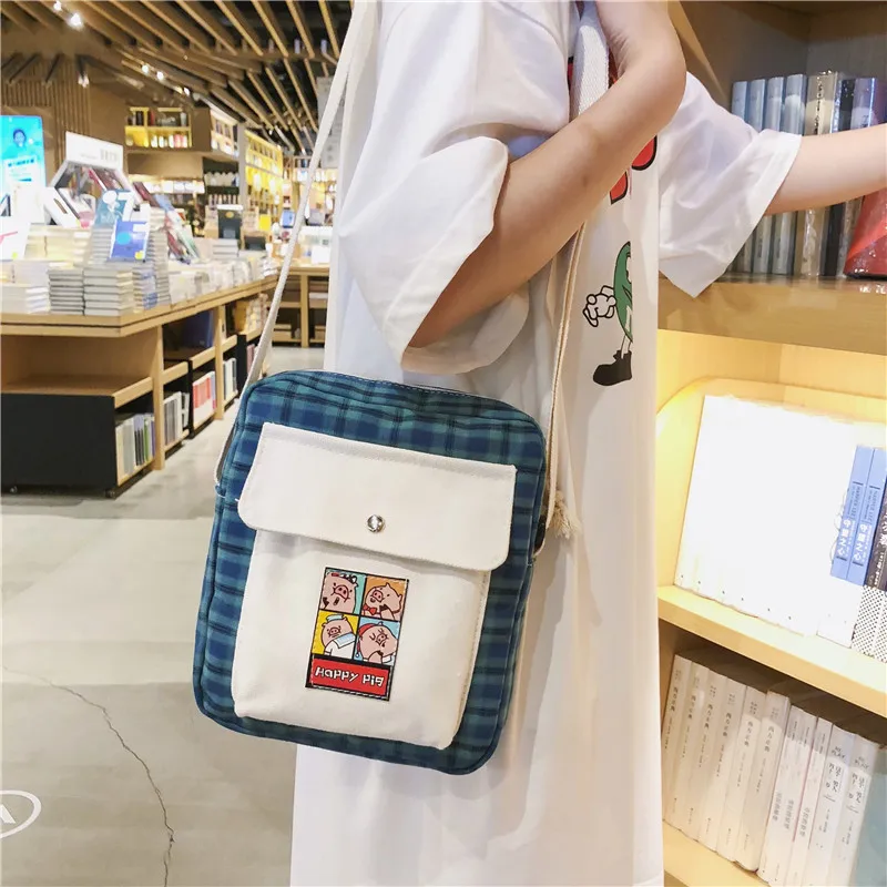 Harajuku ретро плед мультфильм печати лоскут дамы холст сумка 2019 Новая Женская
