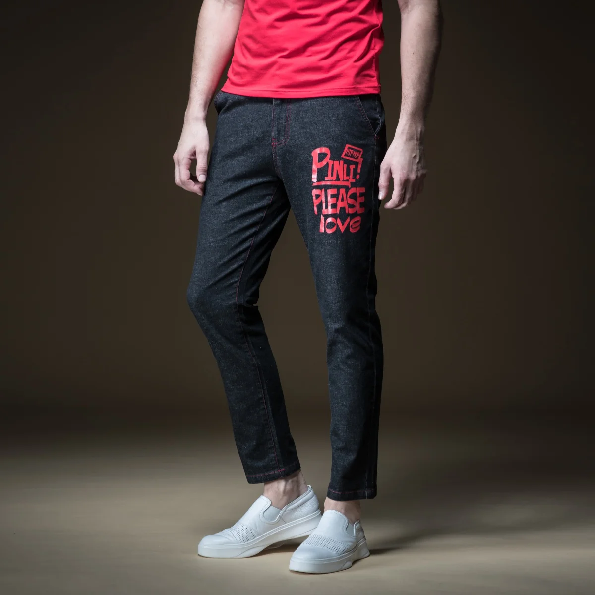 Мужские облегающие джинсы Pinli на молнии с принтом для отдыха лето B192216427