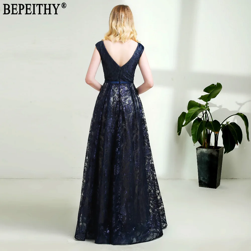Женское вечернее платье BEPEITHY темно-синее кружевное с длинным рукавом и поясом 2019