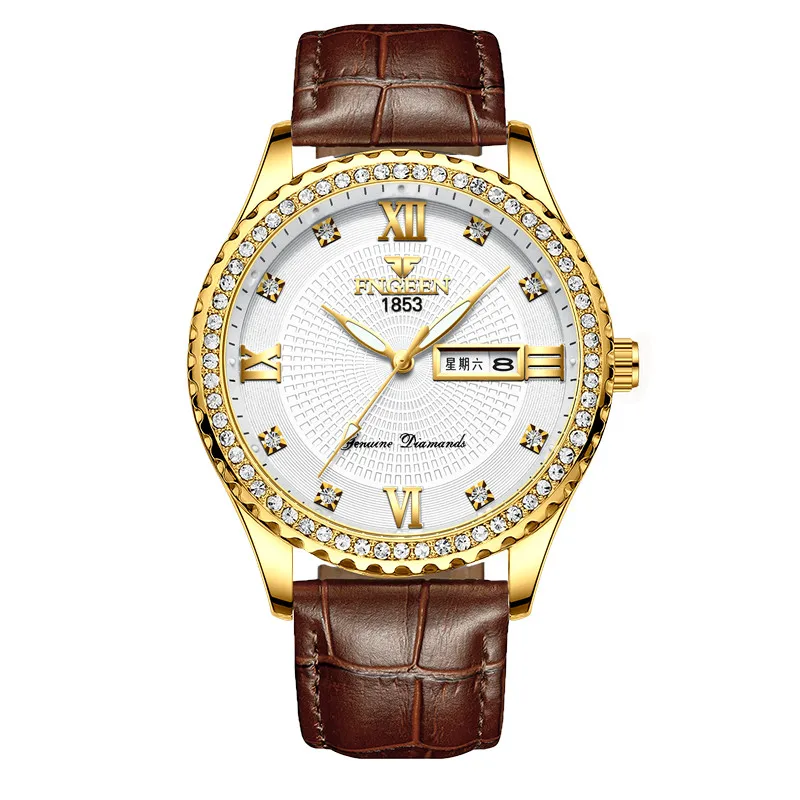 leather white Высококачественные мужские часы от ведущего бренда, Роскошные Кварцевые часы со стальным бриллиантом, мужские часы с датой недели, водонепроницаемые золотые наручные часы - Цвет: leather white