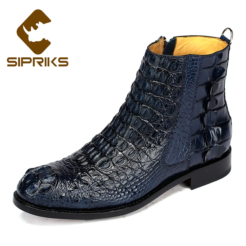 

Sipriks Mens Navy Blue Crocodile Skin Shoes Bespoke Zip Goodyear Boots Boss Male Cowboy Boot Dark Brown Black Ankle Boots Big 45