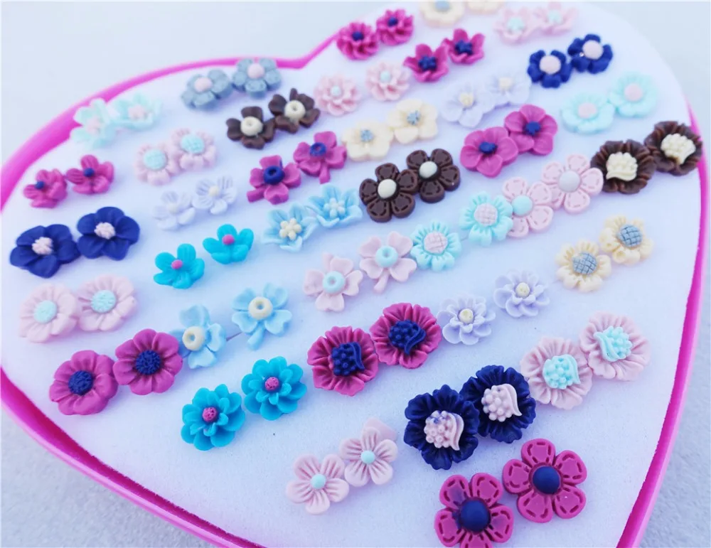 Серьги гвоздики пластиковые в квадратной коробке 12 пар/партия|flower stud earrings|earrings for
