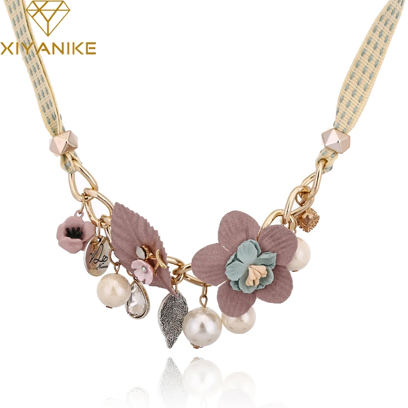 

XIYANIKE New Fashion Jewelry Sweet Candy Colors Flower Leaves Fabric Necklaces & Pendants Choker Statement Necklace Women N585