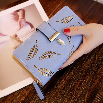 Blue Женский кошелек из искусственной кожи, Женский Длинный кошелек с золотыми полыми листьями, Сумочка для женщин, кошелек для монет, держатель для карт, клатч - Цвет: Blue
