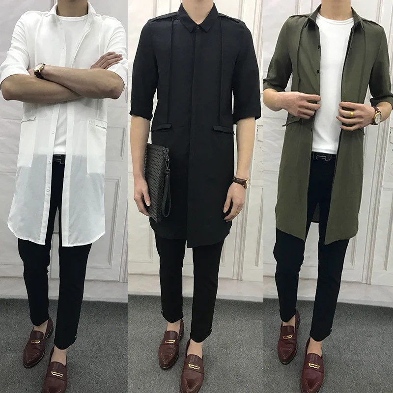 

S-5XL! Летняя длинная рубашка, дизайнерская мужская Тонкая, с пятым рукавом, модная, повседневная, с коротким рукавом, Тренч, тонкая, средней дл...