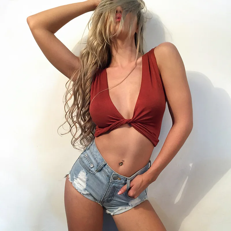 Женщины Crop Топ 2017 Лето Sexy Глубокий V шеи Твердые Футболки Крест Пляж Parth Клуб