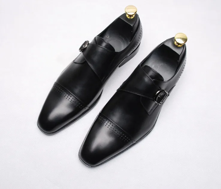 

Men Black Fashion Suqare Toes Genuine Leather Metal Buckle Dress Shoes Men Retro Carved Business Office Work Shoes Free Shipping