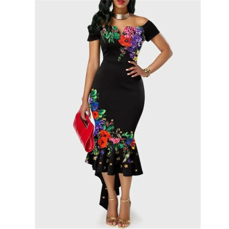 Женское облегающее платье с оборками и цветочным принтом|Женские платья| |