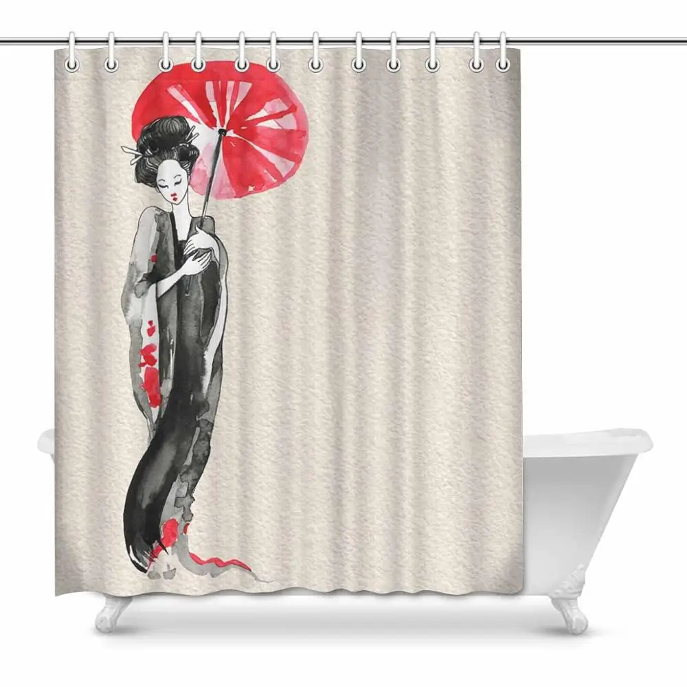 

Japanese Women Painting Waterproof Shower Curtain Decor Fabric Bathroom Set with Hooks