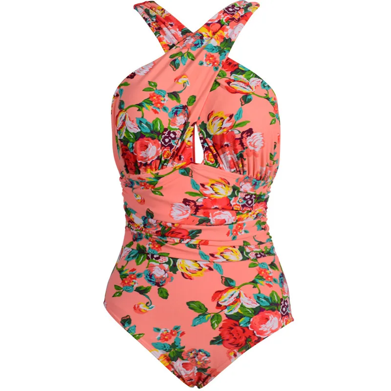 orange swimsuit Купальная Одежда большого размера, цельный купальный костюм, закрытый Большой цельный женский купальник с цветочным принтом, Мягкий купальный костюм, винтажный, перекрестный, 3XL - Цвет: orange swimsuit