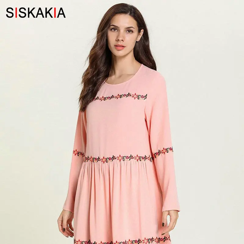Pink dress Siskakia, женское длинное платье размера плюс, розовое, Цветочная вышивка, Драпированное, Свинг, пэтчворк, длинный рукав, платья, осень, милая леди, новинка - Цвет: Pink dress