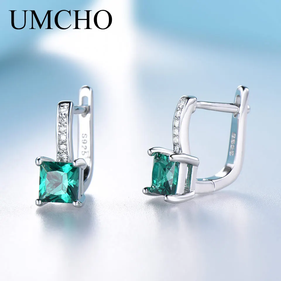 UMCHO, настоящие 925 пробы, серебряные серьги, драгоценный камень, квадратный, создан, изумруд, клипсы, серьги для женщин, подарок на день рождения, Трендовое ювелирное изделие