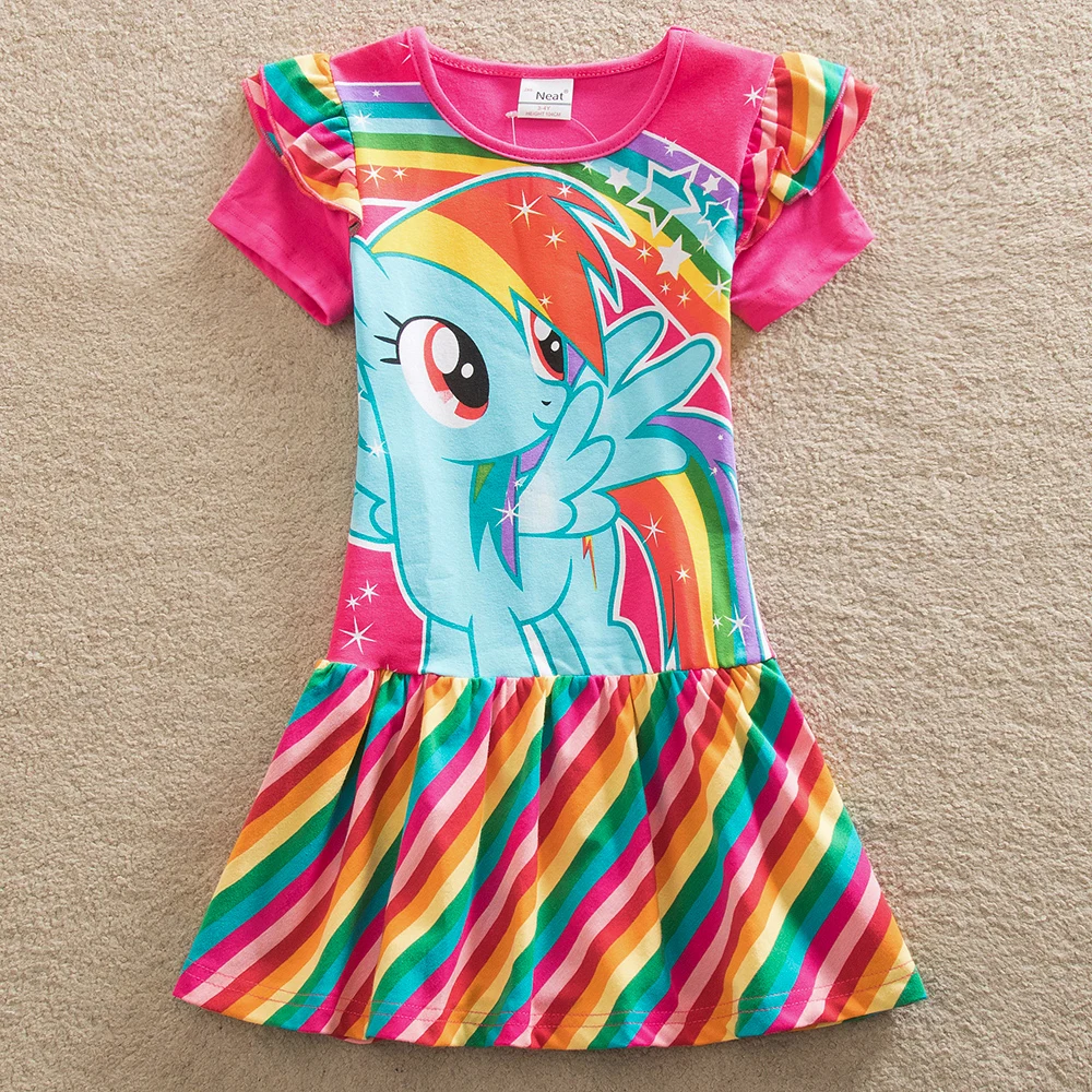 JUXINSU My Baby Girl New Summer Little Pony Short Sleeve Dresses Cartoon Cotton Rainbow Stripes for 1-8 Years | Детская одежда и