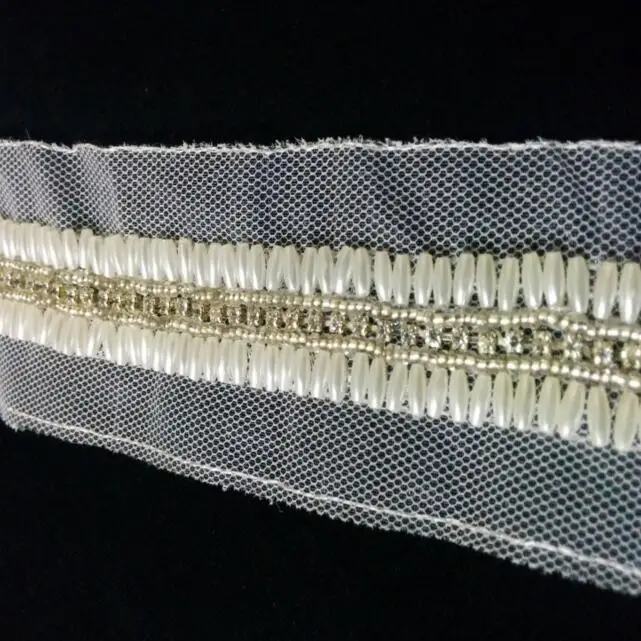 5yards Pearl Beaded Embroidered Lace Trim Rhinestone Mesh Ribbon Applique Handmade DIY Clothes Wedding Dress Sewing Craft | Дом и сад