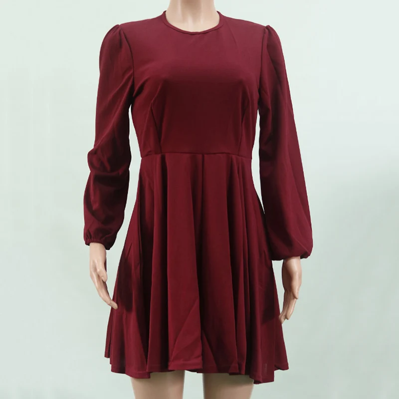 Wine red Винно-красное зимнее женское платье Элегантное С Длинным Рукавом Плиссированное вечернее платье повседневное с высокой талией короткое платье robe femme hiver - Цвет: Wine red