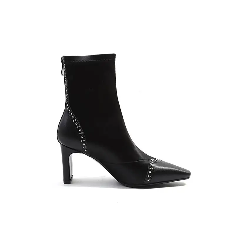 MEMUNIA SIZE 34-42 2020 NEW fashion genuine leather+stretch fabric ankle boots women rhinstone zip high heel casual shoes | Обувь