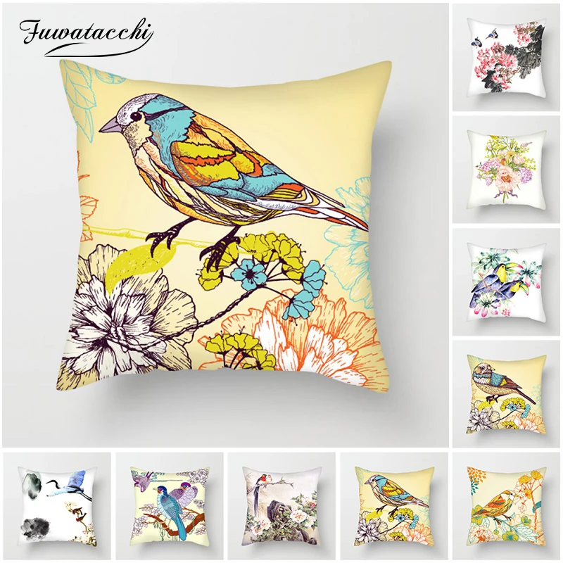 

Fuwatacchi Birds Painting Pillow Covers Plum Blossom Cushion Covers for Home Sofa Chair Decors Flowers Landscape Pillowcases