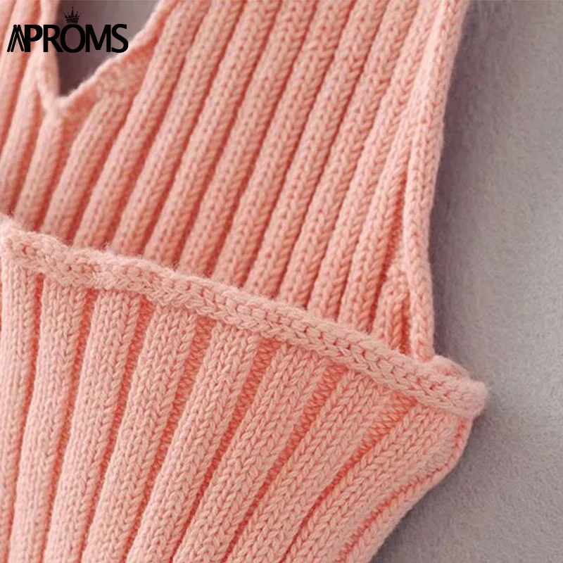 Aproms Белый Холтер вязаный с низкой спинкой Топ летняя с глубоким v-образным вырезом уличная мода 90s крутые базовые Топы для женщин одежда