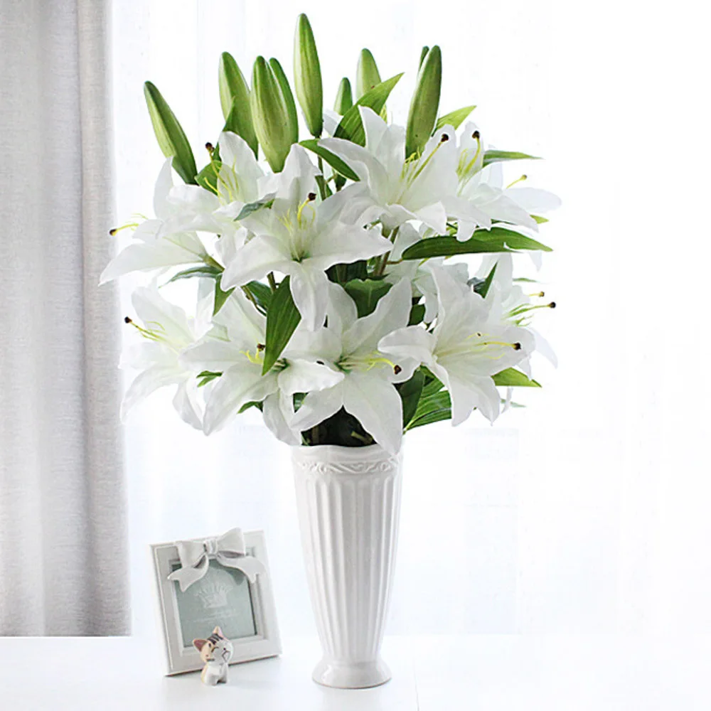 

5pcs/lot Wedding Party Deocrative 75cm 3 Heads White Lily Bouquet Plastic Artificial Flower Home Living Room Art Decor Flowers
