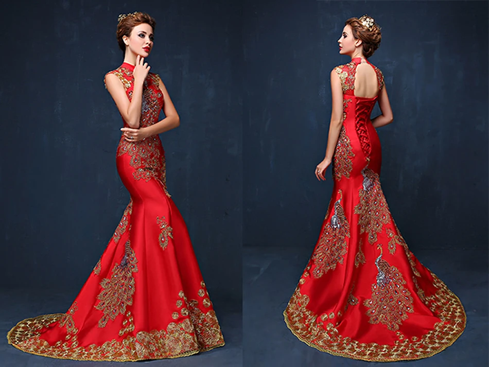 Роскошное красное вышитое китайское вечернее платье, длинное Cheongsam, свадебное Qipao, платье русалки, Восточное Qi Pao