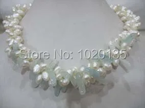 

3rows freshwater pearl white baroque and blue stone branch necklace 19inch FPPJ beads