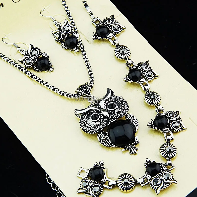 Винтажный ювелирный набор 3 шт античные серебряные стразы Сова натуральное