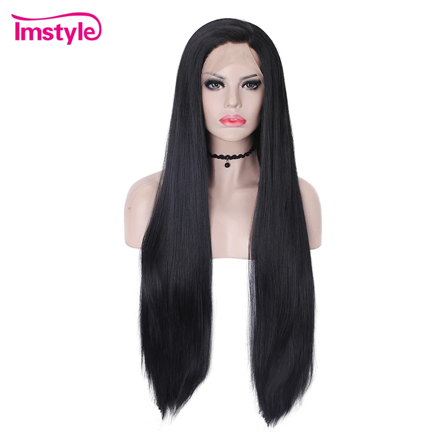 Imstyle черный парик Длинные Синтетические парики на кружеве натуральные прямые волосы парики для женщин термостойкие волокна косплей парики 30''