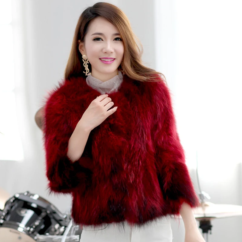 Women coat Real Knitted Raccoon Fur Women's Coat Short Paragraph Slim Natural Fur Jacket Casual style