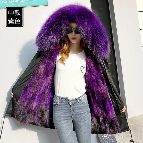 long purple Водонепроницаемая верхняя одежда, длинная парка, зимняя куртка, Женское пальто из натурального меха енота, воротник из натурального меха, капюшон, подкладка из натурального Лисьего меха, Толстая теплая - Цвет: long purple
