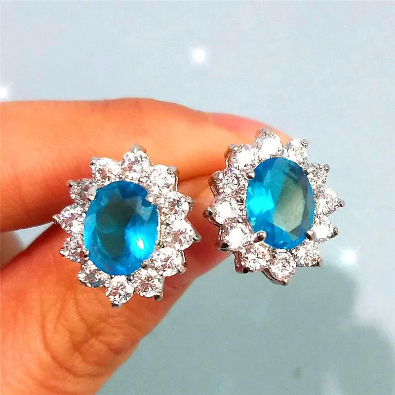 Aqua Blue Женские овальные серьги-гвоздики с австрийскими кристаллами для женщин, 925 серебро, заполненные фиолетовым белым фианитом, круглые синие Серьги с огненным опалом, ювелирные изделия - Окраска металла: Aqua Blue