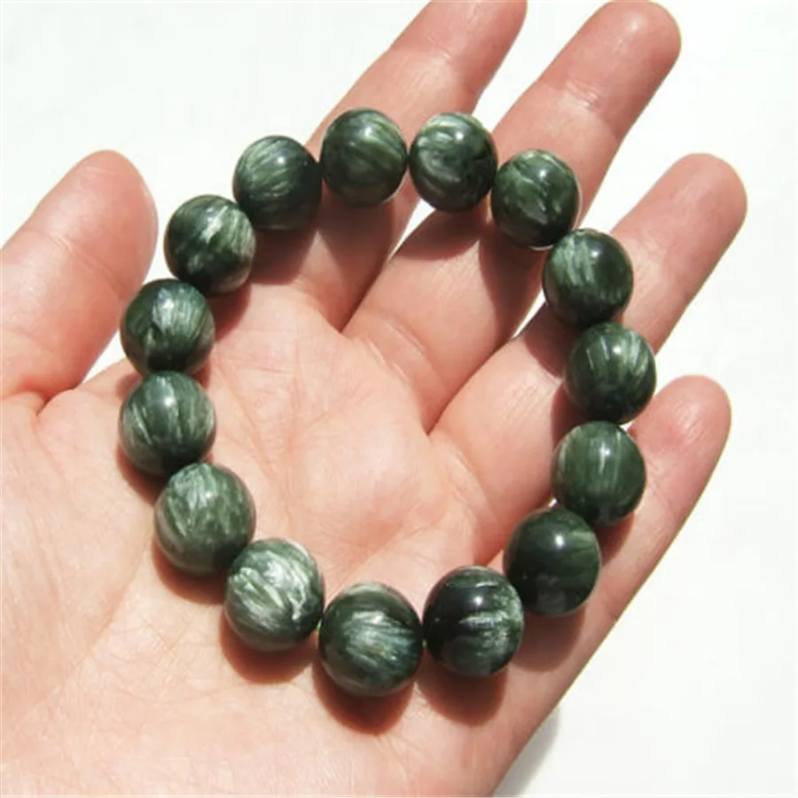 Браслет из натурального зеленого серафинита с круглыми кристаллами