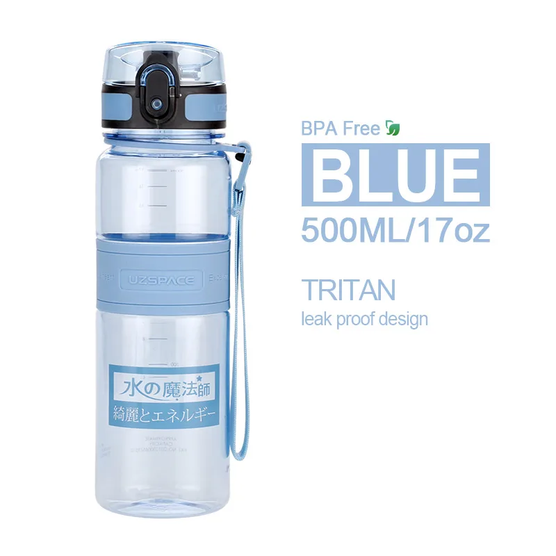 500ml Blue UZSPACE спортивные портативные бутылки для воды герметичный шейкер бутылка фруктовый сок чай заварка Тритан пластиковая посуда для напитков 500 мл/1л BPA бесплатно - Цвет: 500ml Blue