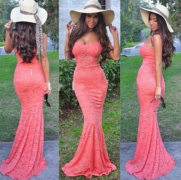 

Sexy Sweetheart Neck Spaghetti Strap Lace Mermaid Backless Vestidos De Fiesta Floor Length Long Evening Dress ATE0936