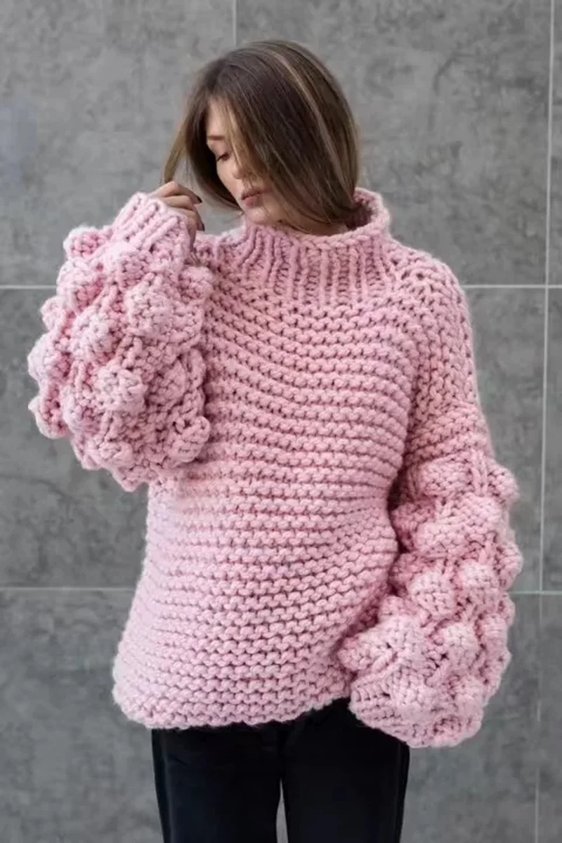 2018 Women Winter Handmade Knitted Sweater Thick Knit Casual Outwear Warm Coats Gray Lantern Sleeve Pullover Jumper | Женская одежда